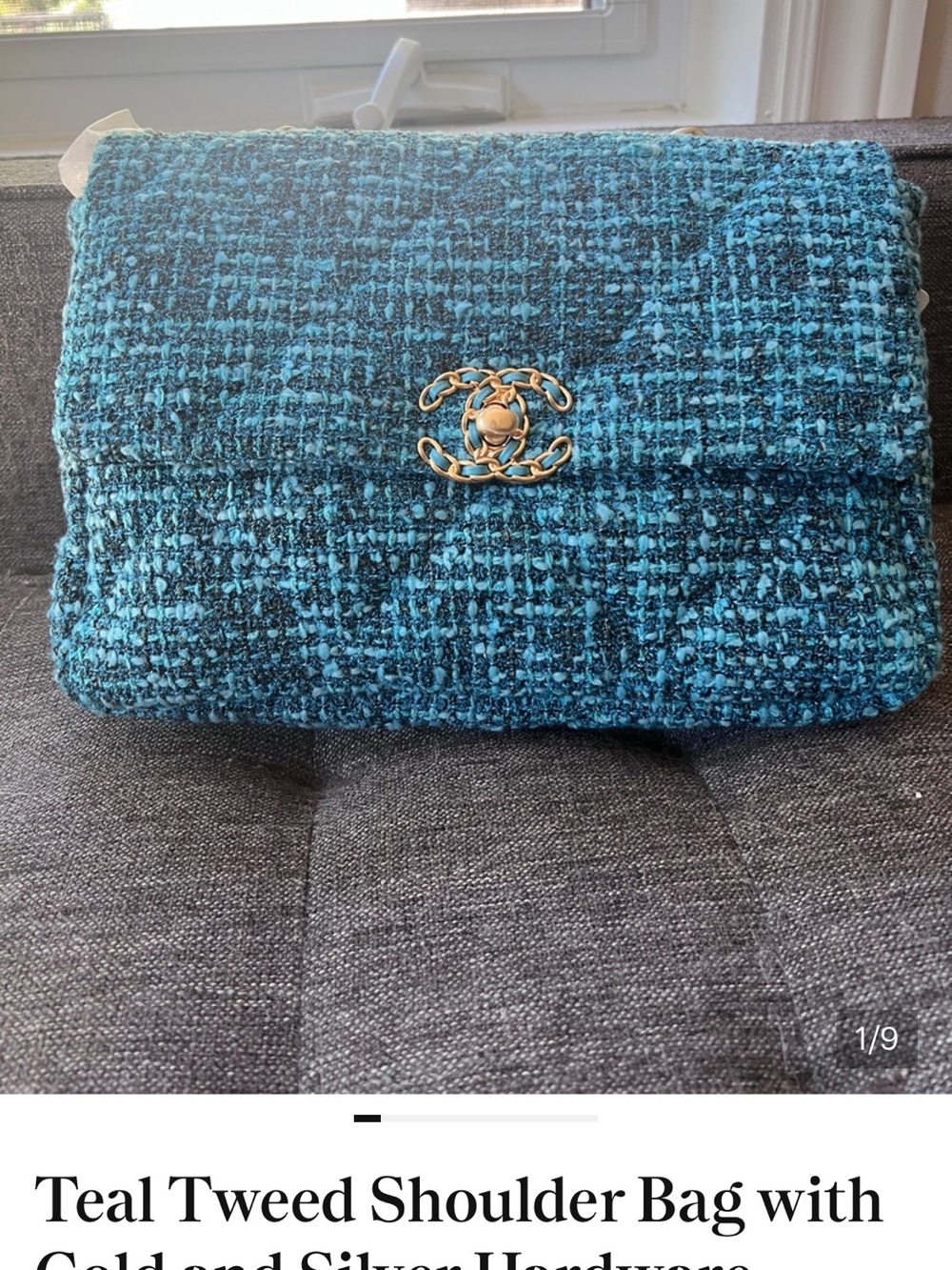 Teal Tweed Shoulder Bag with Gold CC Chain Hardware